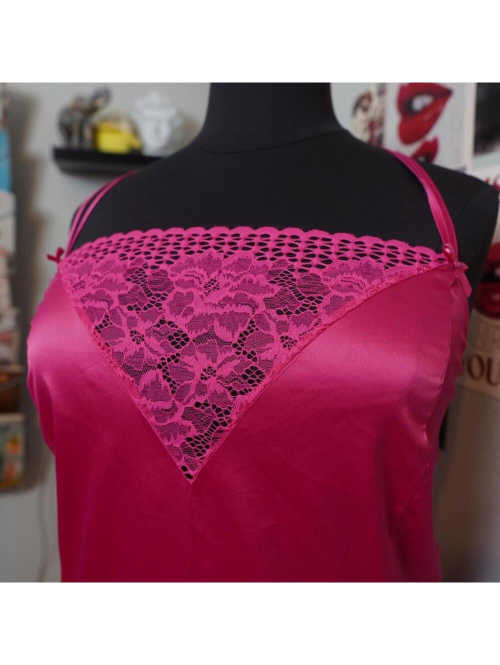 Cacique Hot Pink Satin Lace Slip Dress Coquette Babydoll Nightgown 26/28 - Picture 2 of 7